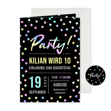 Schwarze Partyeinladung bunte Konfetti 10. Kindergeburtstag